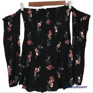 Forever21 F21 Off Shoulder Long Sleeves Smocked Floral Print Top Blouse Size S